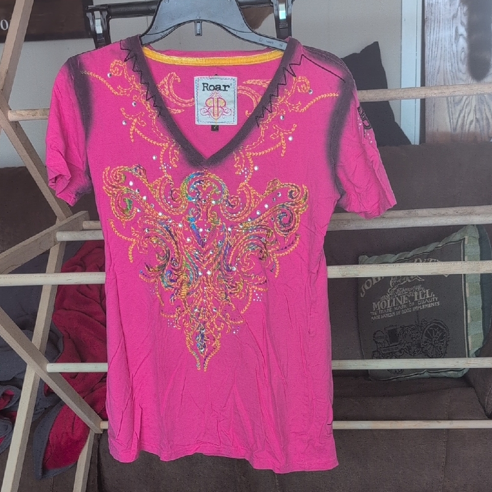 Roar Pink Embellished Short Sleeve Graphic Tee